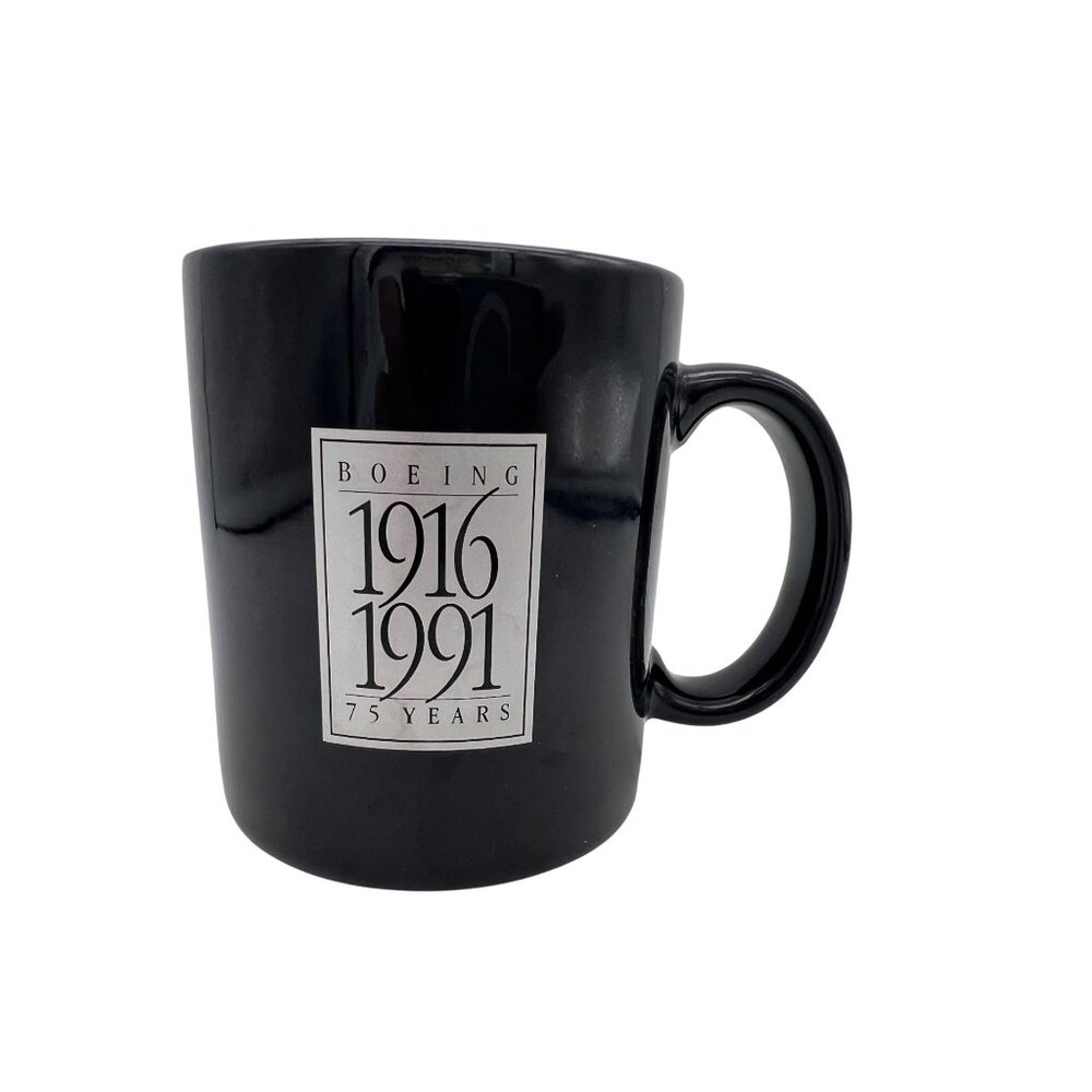 Boeing 1916-1991 75 Years Black Ceramic Mug 3.75" Aero Aviation Logo Vintage Cup